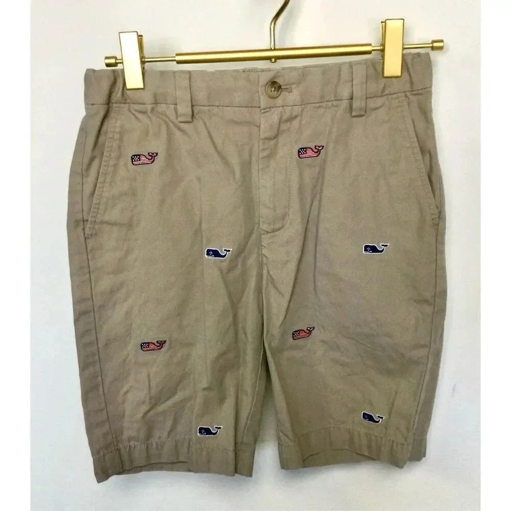 Vineyard Vines boys kids Size 10 Walking Shorts Tan Khaki Embroidered Whales Adj